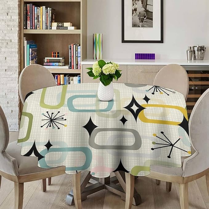 Mid Century Modern Round Tablecloth, Geometry Bohemian Retro Abstract Tablecloth for Home Party Dining Room Kitchen Decor 36Inch(90cm)