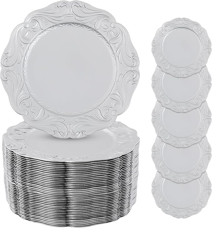 Charger Plates, 100pcs Silver 13inch Plastic Dinner Plate, Round Plastic Dinner Plate with Delicate Texture for Parties Wedding (Silver)