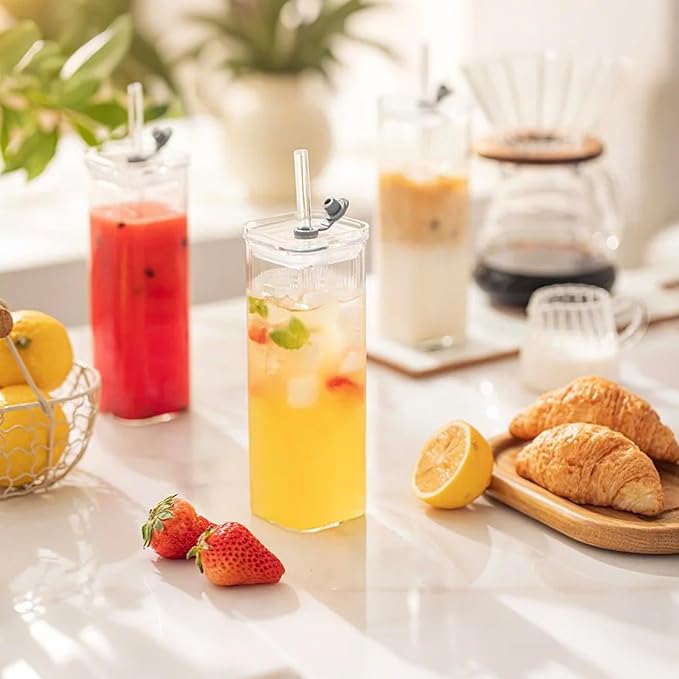 KEMORELA 12 Sets Square Drinking Glass Cups with Lids & Straws, 17 Oz Clear Highball Glasses for Cocktail, Iced Coffee, Juice, Beer - Modern Glass Tumblers