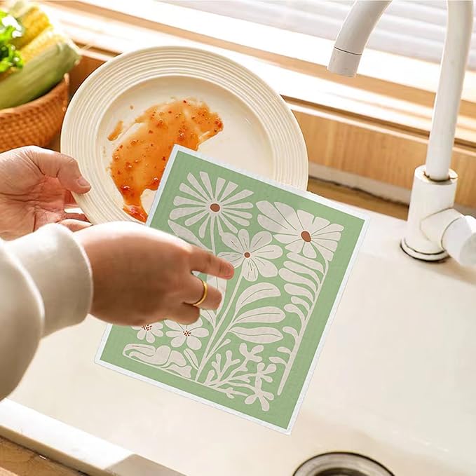 Spring Flower Swedish Dishcloths for Kitchen, Boho Sage Green Swedish Dish Cleaning Cloths for Floral, 4 Pack Dish Towels for Kitchen, Papaya Reusable Paper Towels Washable