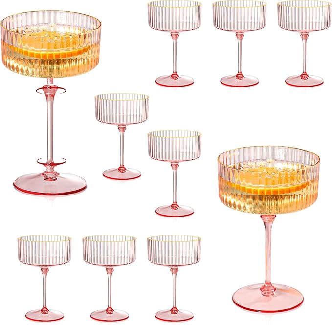 XUWAIDSGN 12 Pcs Champagne Martini Glasses 9 Oz with Gilded Removable Gold Rim Coupe Glasses Pink Martini Glasses Plastic Mimosa Vintage Coupe Glasses Set For Wedding Anniversary (12, Ribbed Pink)
