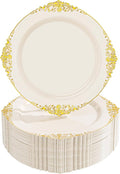 Nervure 100PCS Ivory Plastic Plates - 10.25inch Ivory and Gold Disposable Plates - Heavyweight Dinner Plate for Wedding & Party
