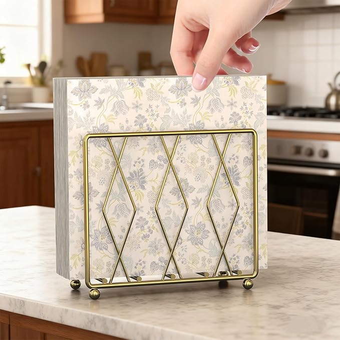 Napkin Holder for Table, 2 Pack Modern Metal Napkin Holders for Paper Napkins & Kitchen Dining & Countertops, Cocktail Upright Napkin Holder Dispenser Suitable for All Room Decors (Gold)