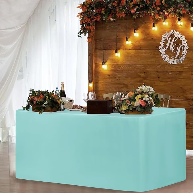 HolidayIdeas 2 Pack Fitted Table Clothes - 48 x 24 Inch - Rectangle Tablecloths for 4 Foot Tables, Polyester Fabric Table Covers for Parties, Holiday Dinner, Trade Show (Aqua)