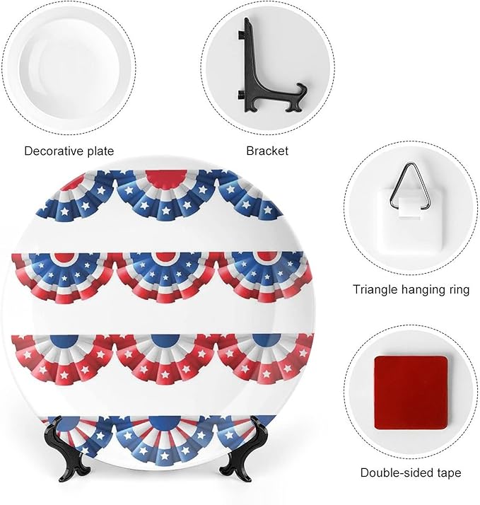Ceramic Plates, American Flag Decor Decorative Ceramic Plates, Flag Round Bunting Election Ornament Pattern, 7 Inch, Household Plates Decorative, Blue Red