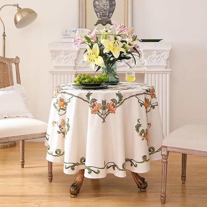patdrea Designer Vintage Linen Round Tablecloth,French Floral Tablecloths,Wrinkle Free Table Cloth,Decorative Table Cover Cloth for Kitchen,Dining,Tea Party,Home,Christmas,Diameter 55"
