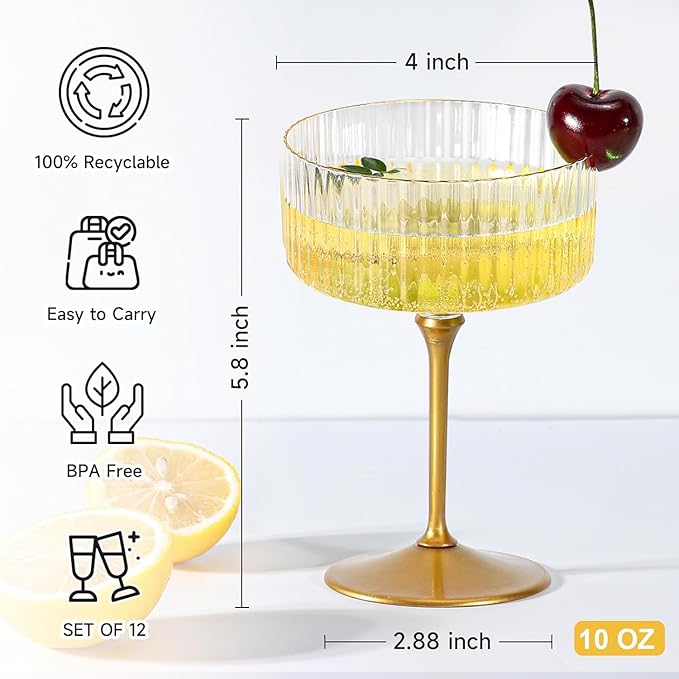 XUWAIDSGN 50 Pcs Champagne Martini Glasses 9 Oz with Gilded Removable Gold Rim Coupe Glasses Pink Martini Glasses Plastic Mimosa Vintage Coupe Glasses Set For Wedding Anniversary (50, Ribbed Gold)