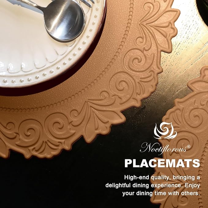 Noctiflorous Round Faux Leather 15 Inch Placemats Set of 6 Waterproof Wipeable Heat Resistant Tablemat for Dining Table Kitchen Non Slip Washable Oilproof Table Place Mat(Umber Brown, 6)