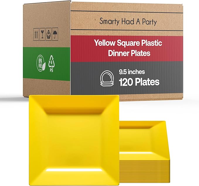 Elegant Disposable Plastic Dinner Plates 120 Plates - Heavy Duty Square Yellow Dinner Plates - 9.5" Reusable Plastic Party Plates For All Occasions