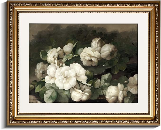 InSimSea Gold Picture Framed Wall Art, Bedroom Bathroom Vintage Flowers White Roses Canvas Print Wall Decor, Home Farmhouse Decor, Antique Paintings with Frames 13x16inch