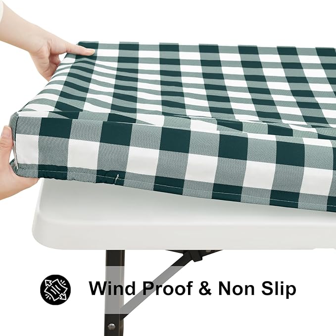 Smiry Rectangle Picnic Table Cloth, Elastic Waterproof Fitted Vinyl Tablecloths, Flannel Backed Buffalo Plaid Table Covers for Dining, Camping, Outdoor (Hunter Green and White, 30" x 60")