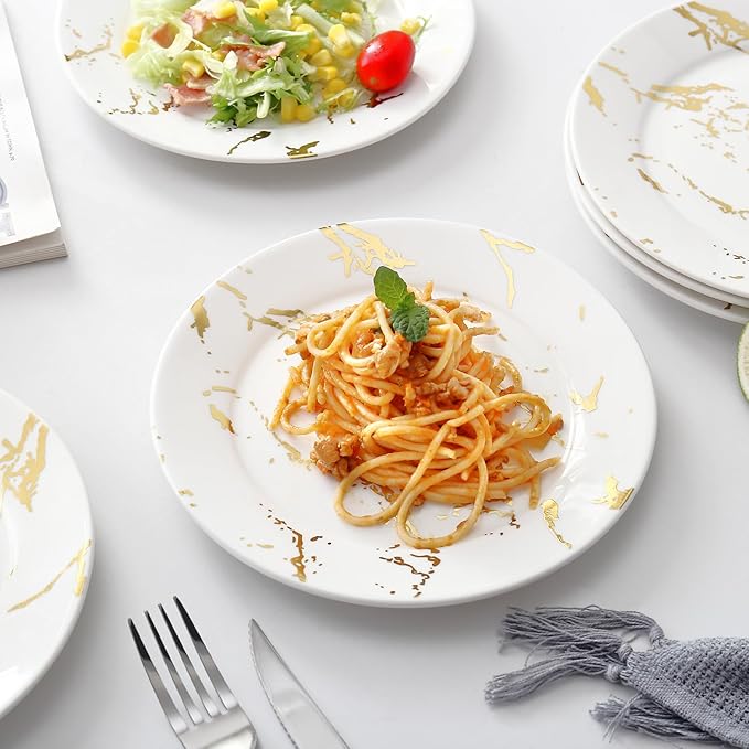 6-Piece Ceramic Plates Set - 8 Inch White Marble-Pattern Appetizer & Dessert Plates with Gold Rim, Microwave and Dishwasher Safe