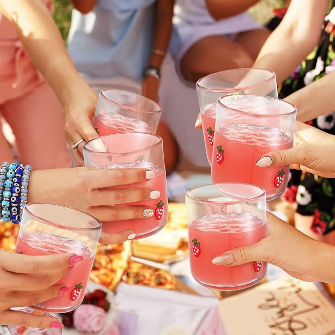 Icon Juice Glasses, 14oz Stemless Wine Drinking Juice Glass Cup for Valentine Party Supplies Gift(2 Pcs,Strawberry)