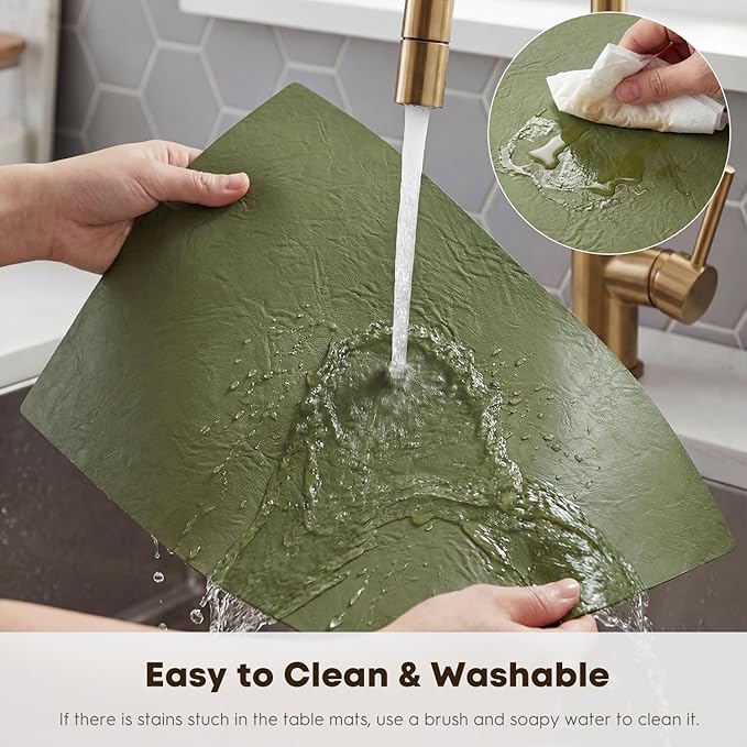 Artoid Mode Olive Green Faux Leather Placemats Set of 4, 12x18 Inch Waterproof Wipeable Heat Resistant Vinyl Place Mats, Reversible Table Mats for Kitchen Dining Decor