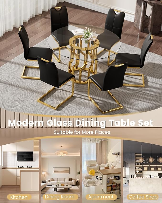 47.2" Round Glass Dining Table Set for 6, Modern 7 Piece Kitchen Table Set with Gold Stainless Steel Base & 6 PU Leather Accent Chairs, Saving Space, Dining Set for Apartment, Home - Black Chair