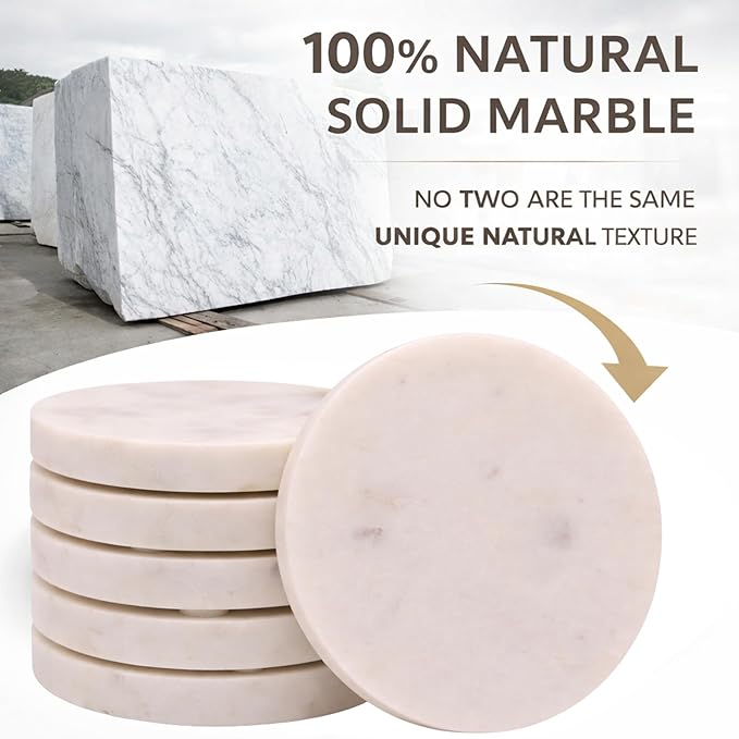 White Coasters Marble for Drink. Polished Coaster. Protection from Drink Rings. Perfect Handmade Stone Coaster for Gift. Home and Living Table Decor. Set of 6