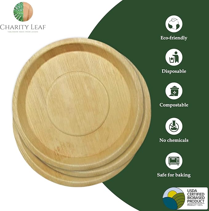 Charity Leaf Disposable Palm Leaf 13" Deep Round Trays (10 pieces) Bamboo Like Serving Platters, Disposable Boards, Eco-Friendly Dinnerware For Weddings, Catering, Events
