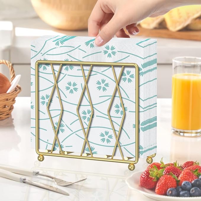 Napkin Holder for Table, Modern Metal Napkin Holders for Paper Napkins & Kitchen Dining & Countertops, Cocktail Upright Napkin Holder Dispenser Suitable for All Room Decors (Large, Gold)