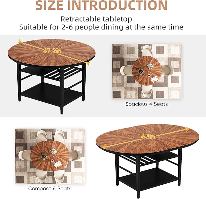 VFK 47.2"-63" Extendable Round Dining Table Set for 4–6, Solid Wood & Metal Table with Wine Rack Storage Shelf, Walnut Kitchen Furniture with 6 Upholstered Chairs (Storage Table and 6 Brown Chairs)