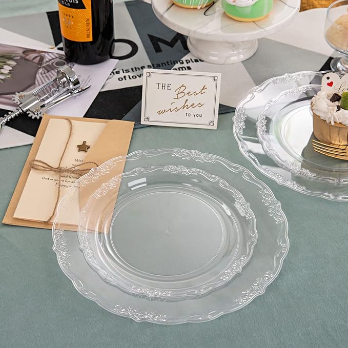 U-QE 100 Pieces Clear Plastic Plates - Clear Disposable Plates - Premium Hard Plastic Plates for Party, Holiday and Party Use Including 50 Dinner 10 '' & 50 Dessert Platos 7.5 ''