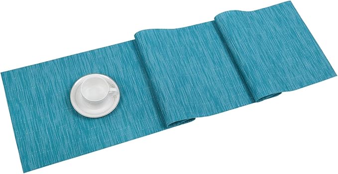 SHACOS Woven Vinyl Table Runner Indoor Outdoor 12x71 inch Kitchen Dining Table Runners Wipe Clean Washable PVC Table Runner, Teal Blue