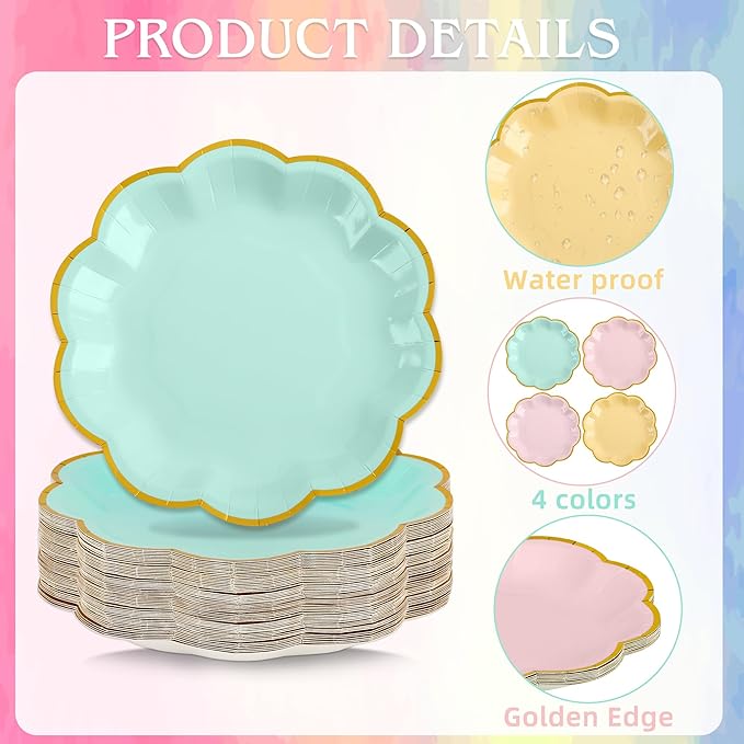 24 Pcs Pastel Scalloped Paper Plates 7 Inch Disposable Macaron Colorful Dessert Plates with Gold Edge Gradient Rainbow Party Supplies for Wedding Birthday Baby Shower Bridal Summer Decorations
