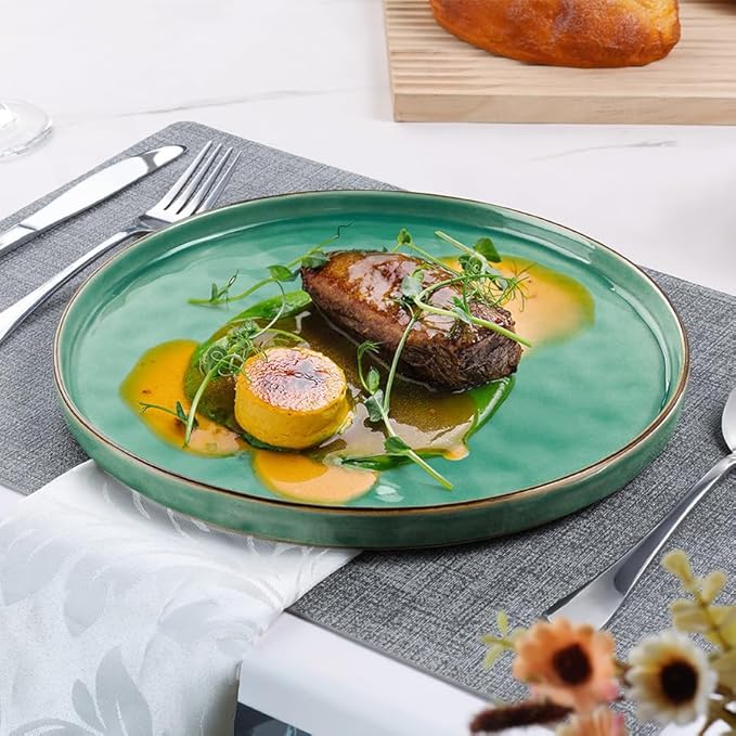 LIANYU 10.2 Inch Dessert Plates of 4, Kitchen Ceramic Dinner Plates Set, Dinnerware Serving Dishes Set, Dinnerware Salad Appetizer Plates for Microwave Dishwasher Oven, Chip Resistant, Emerald Green