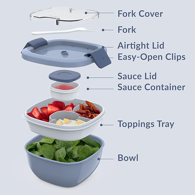 Bentgo Salad Container - 54 oz Bowl with 4-Compartment Toppings Tray, Leak-Proof Dressing Container, Reusable Fork, BPA-Free Lunch Box for Meal Prep & Food Storage; Removable Bento Tray (Slate)