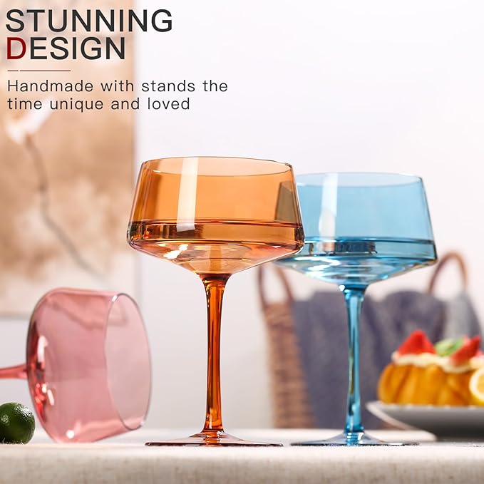 Hand Blown Colored Coupe Glasses Set of 6-13oz large Crystal Martini, Cocktail & Champagne Glasses -Cute & Colorful Cocktail Glassware-Perfect for Bar, Cocktails, Martinis-Wedding Gifts