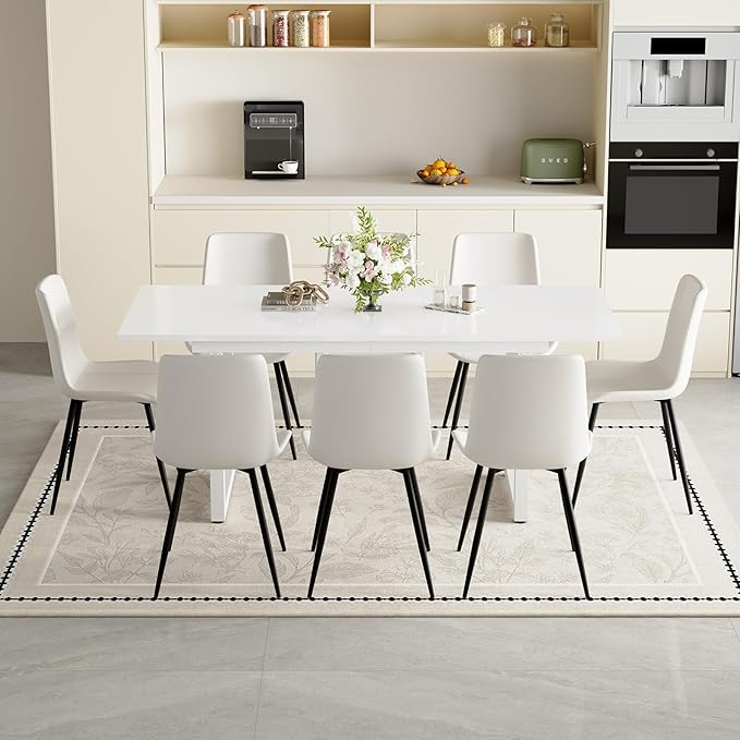 Extendable Dining Table Set for 8, 55"–71" Modern White Kitchen Table with 8 Upholstered Chairs, Space-Saving for Living Room Apartment, Sturdy & Comfortable, Easy Assembly