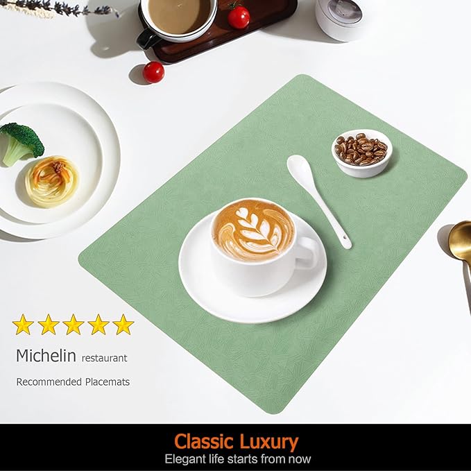 Vinyl Placemats Set of 8 Faux Leather 100% Waterproof Wipeable Washable Place Mats Heat Resistant Easy Clean Non-Slip Table Mats for Indoor Outdoor. (8, Green)