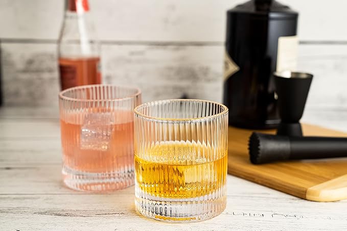 LEMONSODA Vintage Straight Line Lowball Drinking Glass 10oz Set of 4, Tumbler for Cocktails, Whiskey, Juice, Water Premium Gift Boxing Included