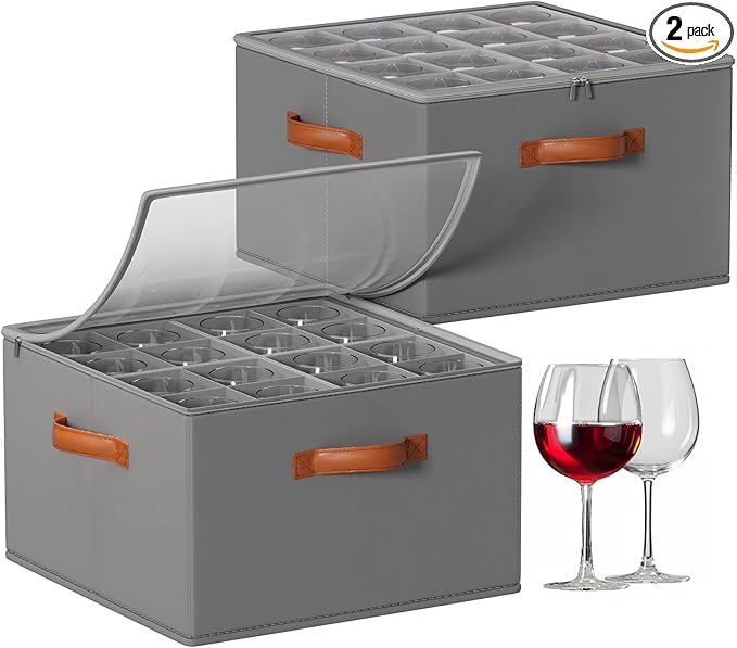 Wine Glass Storage Box with Dividers, 2 Pack Glassware Storage Containers, Stemware Storage Cases Holds 32 Wine Glasses, Stackable Crystal Storage Containers with Clear Cover for Moving，Gray