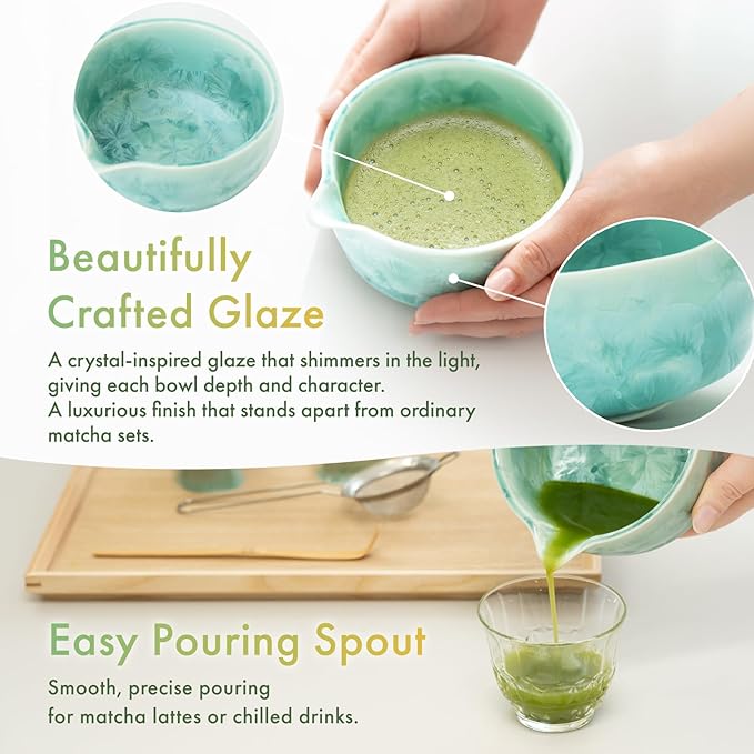 Matcha Bowl | Japanese Crystal-Glazed Ceramic Matcha Tea Bowl with Spout | Traditional Matcha Chawan | Designed in Japan |「Crystal Shell Green」