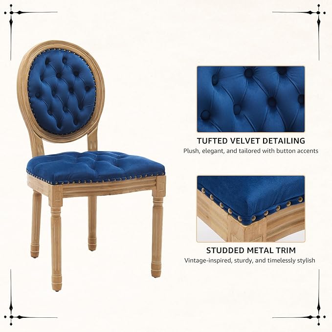 Vintage French Dining Chairs Set of 2, Round Back Velvet Upholstered Accent Chairs with Nailhead Trim and Solid Wood Frame, Elegant Sillas de Comedor for Dining Room & Kitchen, Blue