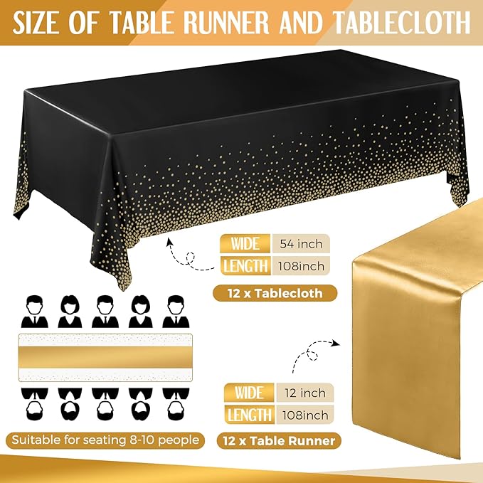 Breling 24 Packs Black and Gold Disposable Plastic Tablecloths and Satin Table Runner Set, 54 x 108 Inch Tablecloth, 12 x 108 Inch Table Runners for Wedding Graduation Birthday Baby Shower