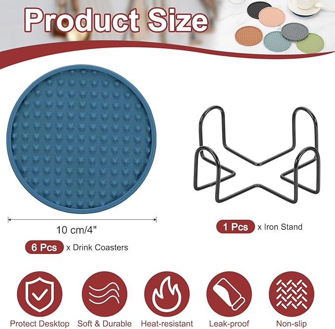 uxcell Set of 6 Round Drink Coasters with Holder, 4" Silicone Coaster for Drinks Non-Slip Cup Coaster Heat Resistant Glass Cushion for Bar Kitchen Office Decor, Navy Blue(Pentagon)