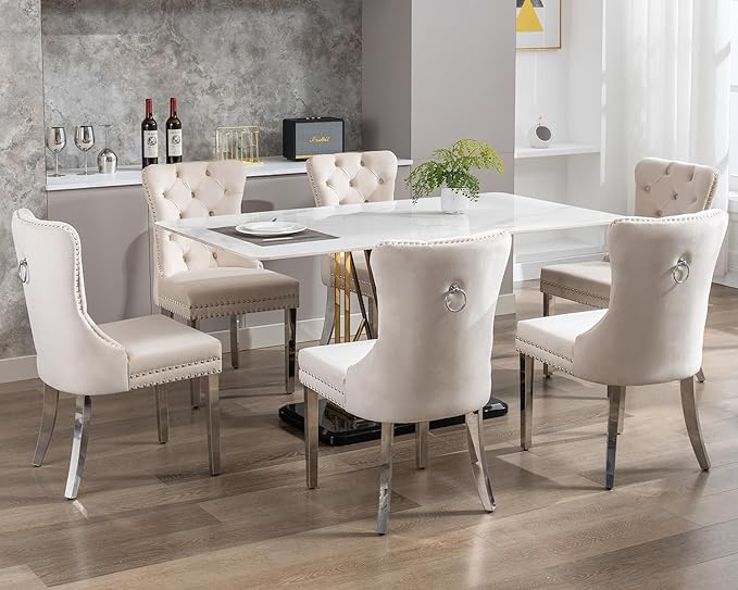 KCC Velvet Dining Chairs Set of 4, Upholstered High-end Tufted Dining Room Chair with Nailhead Back Ring Pull Trim Stainless Steel Legs, Contemporary Nikki Collection Modern Style for Kitchen, Beige
