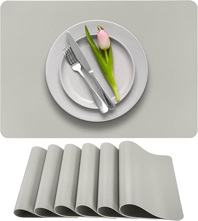 More Décor Faux Leather Placemats Set of 6 for Dining Table – Waterproof, Wipeable, Washable, Stain & Heat Resistant, Non-Slip Table Mats – 12 X 17 Inch, (Solid Silver 6)