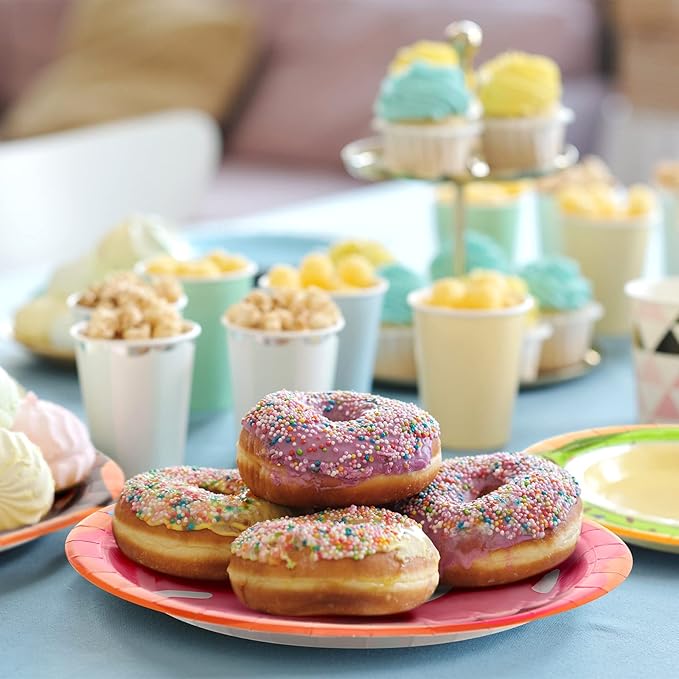 Huwena 200 Pcs Donut Paper Plates 7" Disposable Donut Party Plates Colorful Cute Serving Trays Snack Platter for Theme Birthday Assorted Designs Party Supplies