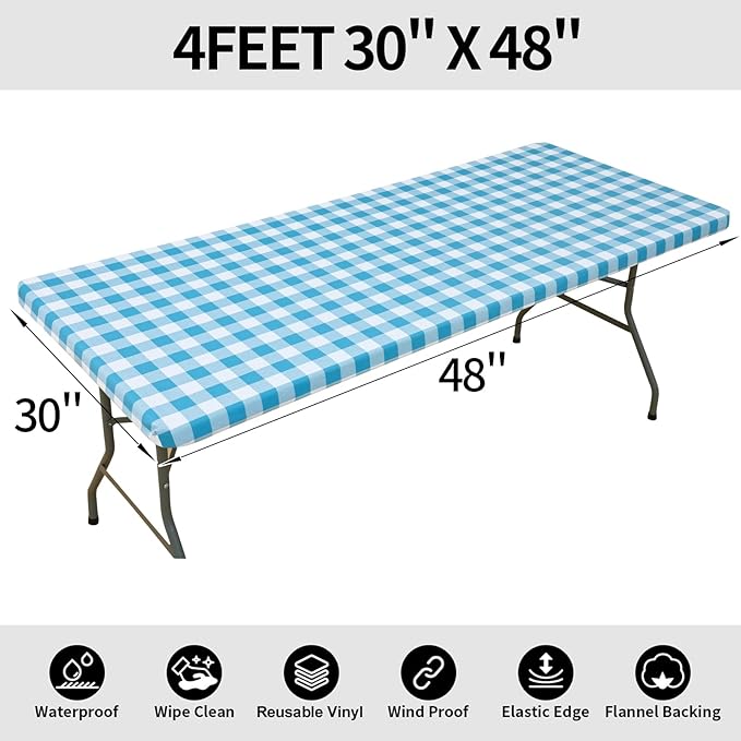 Smiry Rectangle Picnic Table Cloth, Elastic Waterproof Fitted Vinyl Tablecloths, Flannel Backed Buffalo Plaid Table Covers for Dining, Camping, Outdoor (White and Aqua, 36" x 72")