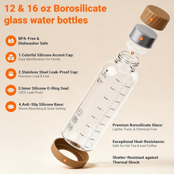 Sursip 16 oz Glass Juice Bottles – 4 Pack Borosilicate Glass Bottles with Lids – Heat-Resistant, BPA Free, Leakproof & Reusable for Juicing, Smoothies, Milk, Protein, Water