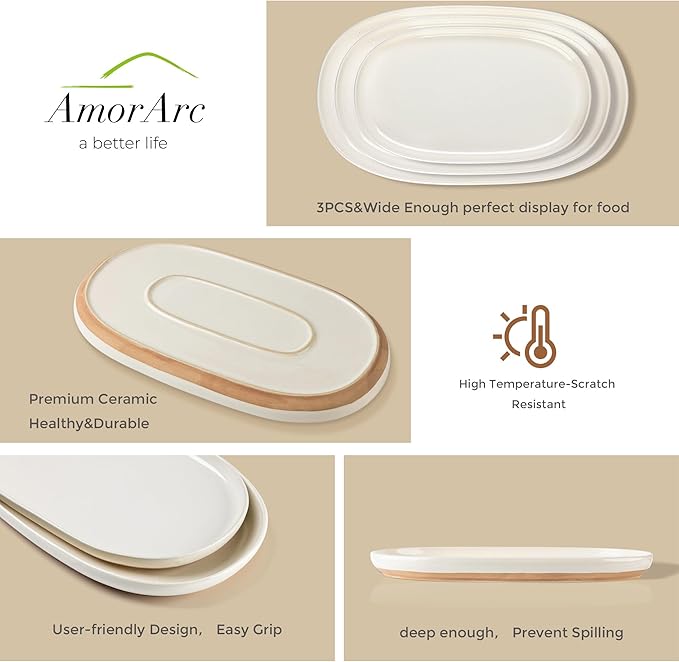 AmorArc Large Ceramic Serving Platter, 15.5"/14"/12.2" Oval Platters Microwave Safe, Serving Trays for Wedding, Stoneware Serving Dish for Entertaining&Party, Set of 3
