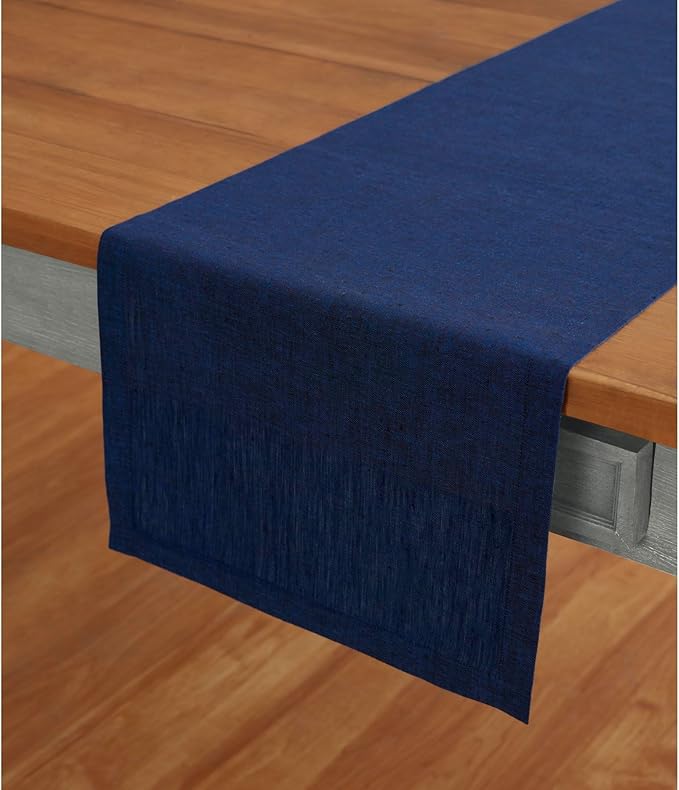 Solino Home Linen Short Table Runner 36 Inches - Athena, 100% Pure Linen Royal Blue Table Runner 14 x 36 Inch Ideal for Dresser and Coffee Tables - Winter