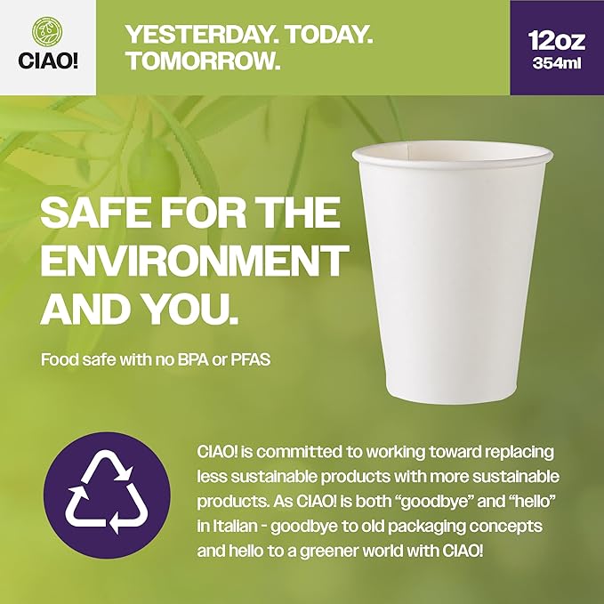 CIAO! 12oz White Paper Hot Cup, Disposable, 80mm Diameter 500 Count