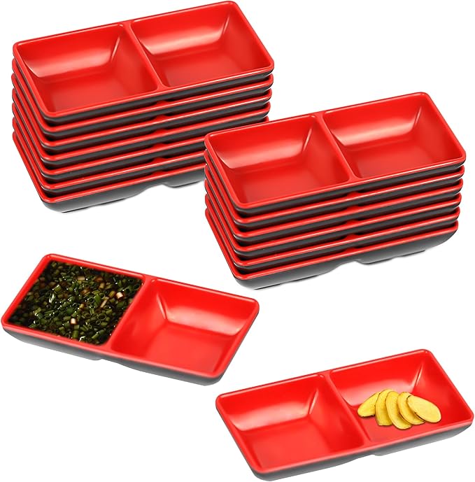 15 Pcs Dual Soy Sauce Dish, Melamine Dual Dipping Bowls Divided Sauce Dishes for Sushi,Two Compartments Plate Appetizer Serving Tray for Restaurant Kitchen Condiments