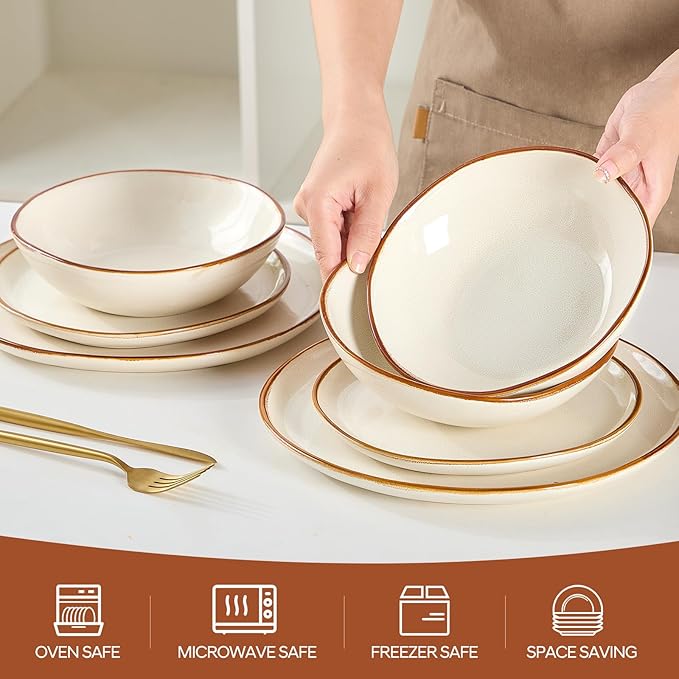 Bestone 12 Pieces Round Kitchen Dinnerware Sets，Plates and Bowls Sets,Dishes, Plates, Bowls, Dish Set, Chip Resistant Ceramic Dinnerware Set, Dishwasher/Microwave Safe,Service for 4,Pearl White
