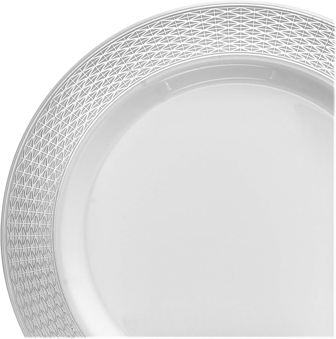 OCCASIONS 120 Plates Pack,(60 Guests) Heavyweight Premium Wedding Party Disposable Plastic Plates Set -60 x 10.5'' Dinner + 60 x 7.5'' Salad/Dessert (Diamond White & Silver)