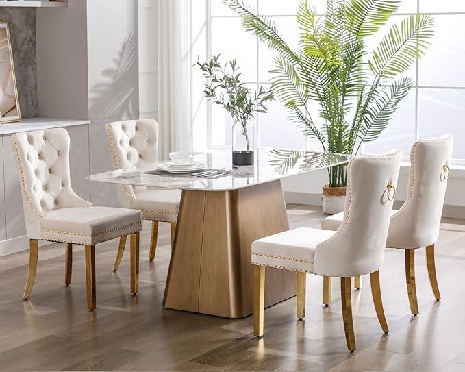 KCC Velvet Dining Chairs Set of 4, Upholstered High-end Tufted Dining Chair with Nailhead Back Ring Pull Trim Stainless Steel Legs, Contemporary Nikki Collection Modern Style for Kitchen, Beige