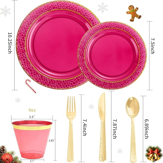 Ciaell 150PCS Clear Red Plastic Plates - Disposable Red and Gold Plates Set include 50Plates, 25Forks, 25Knives, 25Spoons, 25Cups for Wedding & Party & Valentine's Day